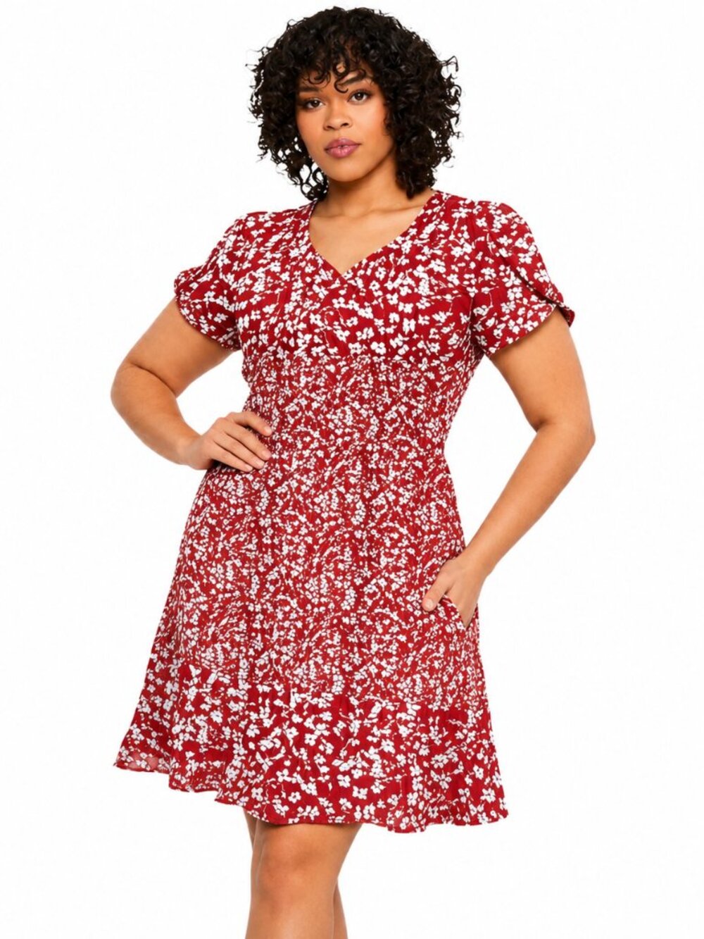Women's Casual Floral Sundress, A Line,  V Neck, RED Floral, Size XL